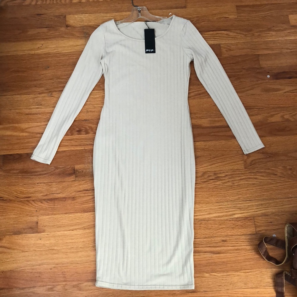Ribbed Midi Bodycon Dress in “Sand”